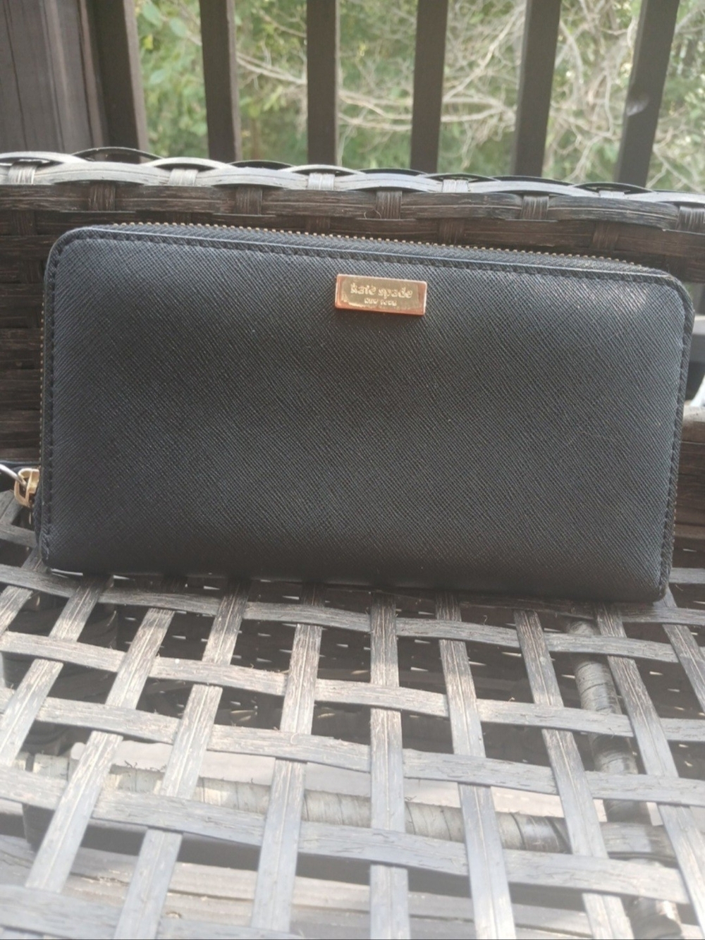 kate spade Black Saffiano Zip-Around Wallet with Gold Plaque